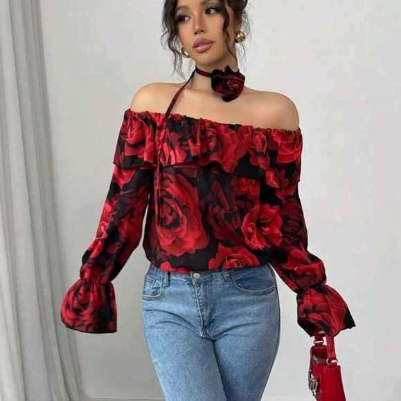 Rose Color Long Sleeve Off Shoulder Shirt With 3D Rose Design Scarf Collar - Picture 3 of 4